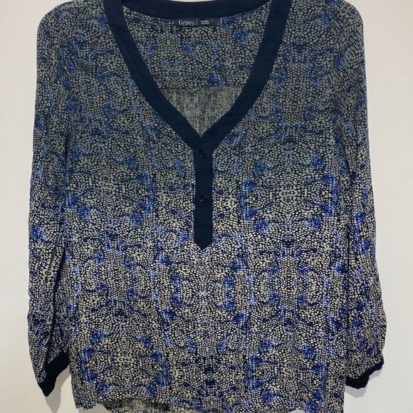 Gypsy 05 Women's Blue Long Sleeve V-Neck Abstract Print Peasant Blouse Large - Picture 1 of 10